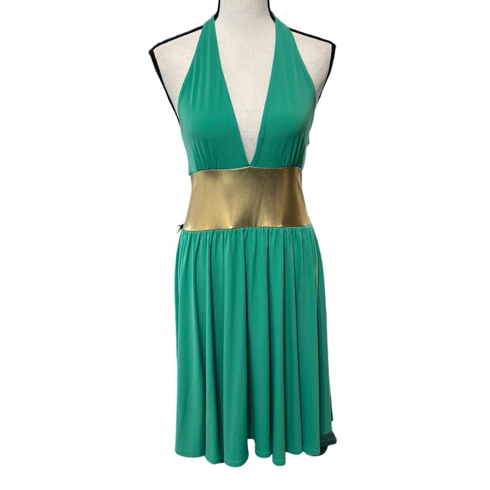 Victoria's Secret Emerald Green Halter Backless Dress with Gold Waistband